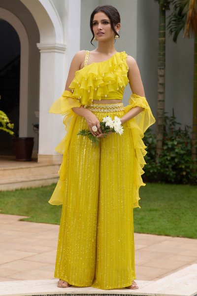 Mustard Yellow Indowestern Silk Ruffled Top & Georgette Palazzo Hand Embroidered Set