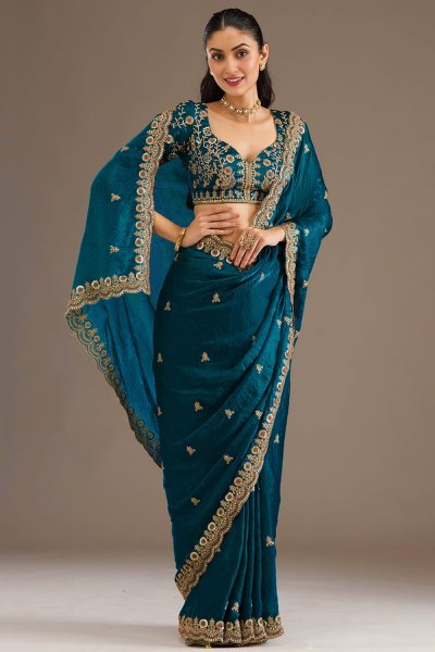 Prussian Blue Tissue Silk Embroidered Saree