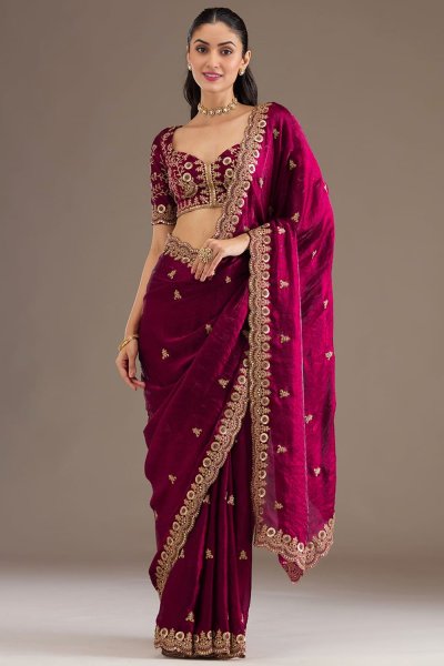 Deep Pink Tissue Silk Embroidered Saree