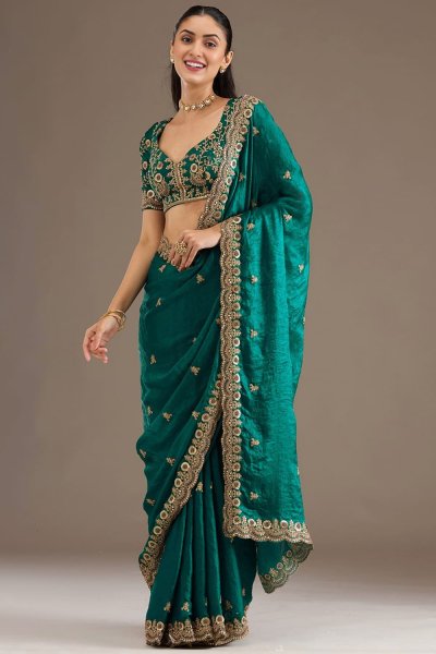Teal Blue Tissue Silk Embroidered Saree
