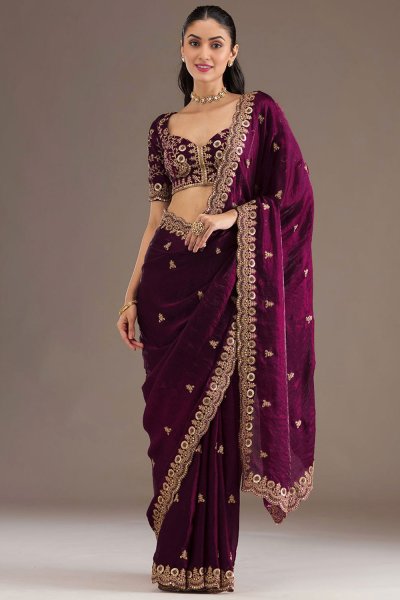 Plum Tissue Silk Embroidered Saree
