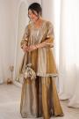 Dual Tone Gold & Beige Tissue Silk Embroidered Short Kurta Sharara Set With Potli Bag