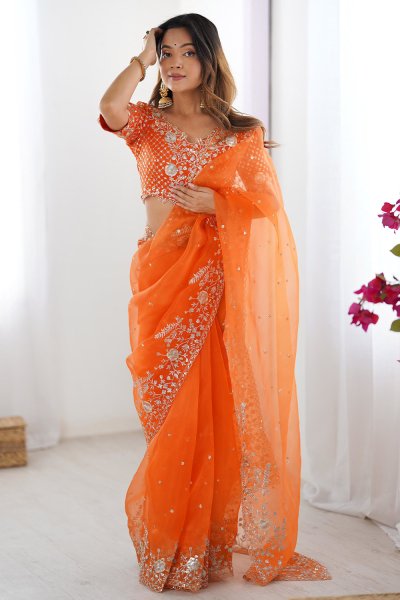 Orange Organza Silk Embroidered Saree
