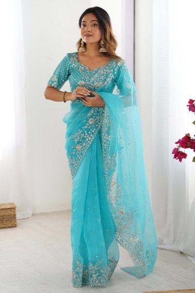 Sky Blue Organza Silk Embroidered Saree