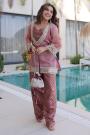 Rosewood Pink Silk Woven & Embroidered Kurta Top With Pants And Potli Bag