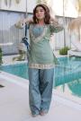 Blue Silk Woven & Embroidered Kurta Top With Pants And Potli Bag