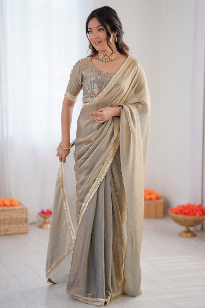 Beige Silk Kiran Lace Bordered Saree With Embroidered Blouse