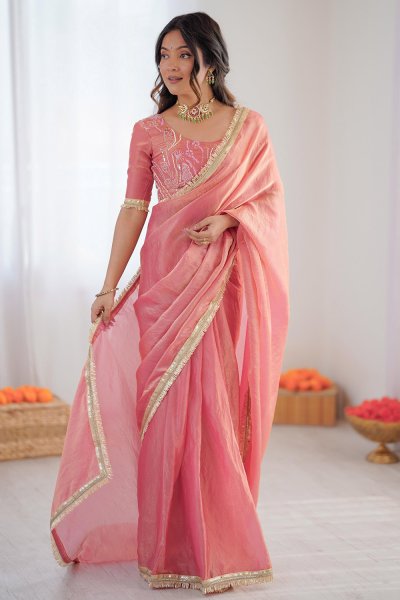 Blush Pink Silk Kiran Lace Bordered Saree With Embroidered Blouse