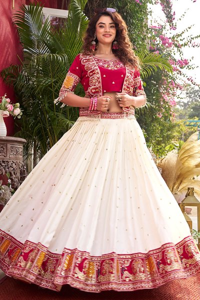 Red & Ivory Silk Embroidered Top & Skirt Set With Short Jacket