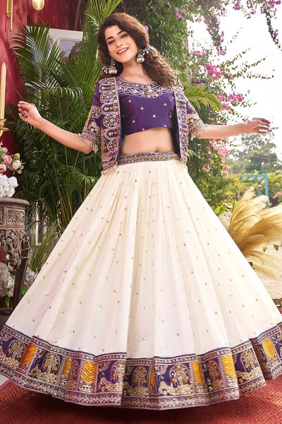 Red & Purple Silk Embroidered Top & Skirt Set With Short Jacket