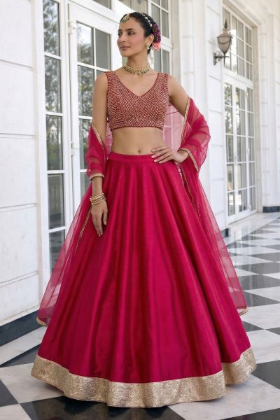 Deep Pink Silk Lehenga With Embroidered Blouse & Net Dupatta