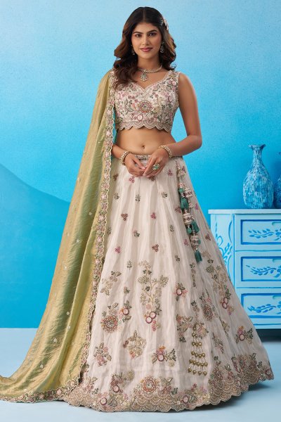 Ivory & Mint Green Tissue Silk Embroidered Lehenga Set
