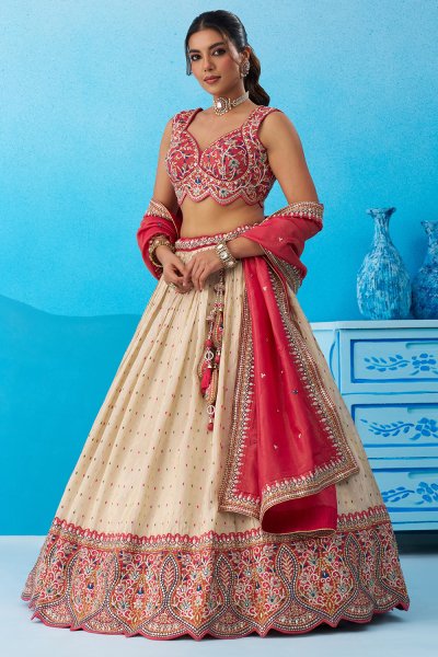 Ivory & Red Tissue Silk Embroidered Lehenga Set
