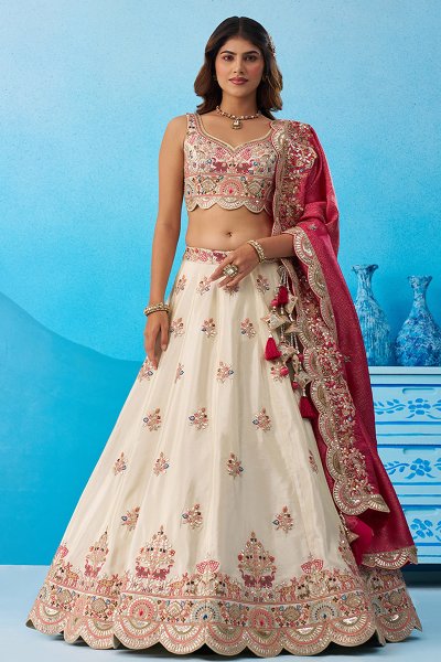 Ivory & Deep Pink Tissue Silk Embroidered Lehenga Set