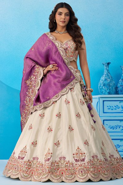 Ivory & Purple Tissue Silk Embroidered Lehenga Set