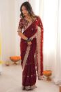 Deep Red Satin Silk Embroidered Saree