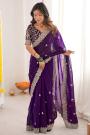 Violet Satin Silk Embroidered Saree