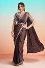 Pre Draped Chocolate Brown Satin Silk Embroidered Saree With Belt