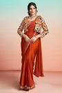 Pre Draped Burnt Orange Satin Silk Embroidered Saree With Jacket