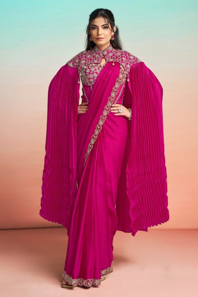 Pre Draped Fuchsia Pink Satin Silk Embroidered Saree With Cape