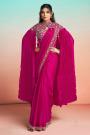 Pre Draped Fuchsia Pink Satin Silk Embroidered Saree With Cape
