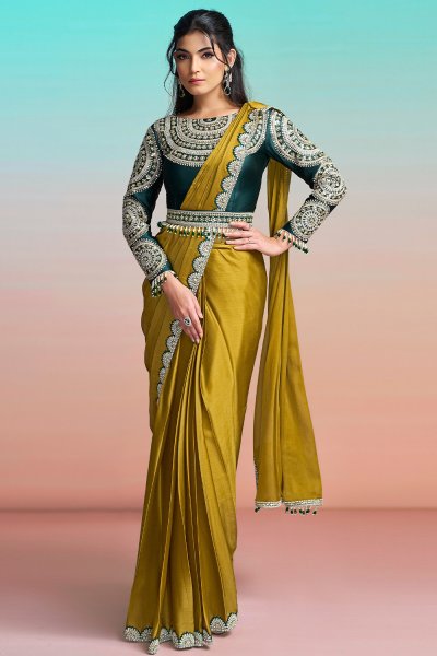 Pre Draped Mustard Green Georgette Chiffon Satin Embroidered Saree With Belt
