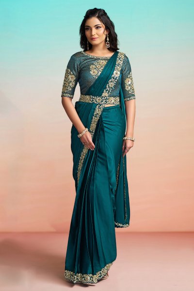 Pre Draped Prussian Blue Satin Silk Embroidered Saree With Jacket & Belt