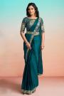 Pre Draped Prussian Blue Satin Silk Embroidered Saree With Belt