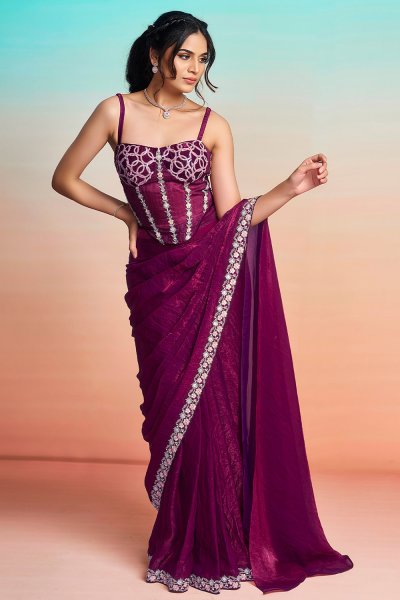 Pre Draped Wine Satin Silk Embroidered Saree With Jacket