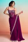 Pre Draped Wine Satin Silk Embroidered Saree With Jacket