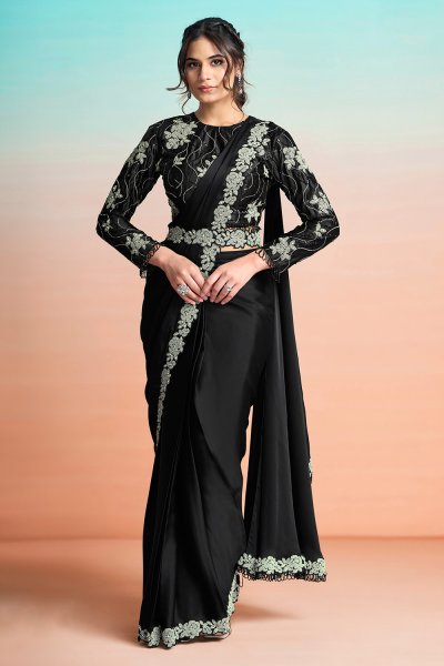 Pre Draped Black Satin Silk Embroidered Saree With Belt