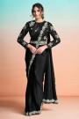 Pre Draped Black Satin Silk Embroidered Saree With Belt