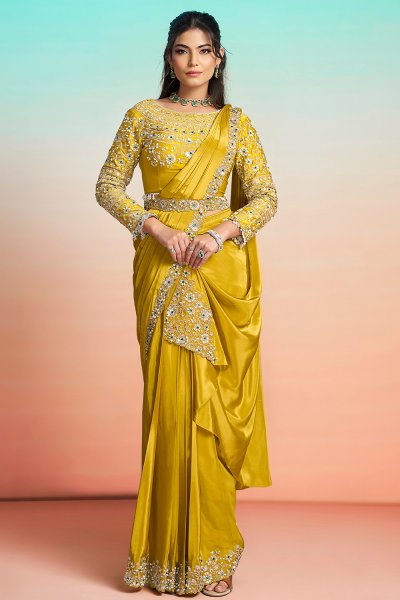 Pre Draped Mustard Yellow Crepe Satin Embroidered Saree With Belt