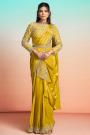 Pre Draped Mustard Yellow Crepe Satin Embroidered Saree With Belt
