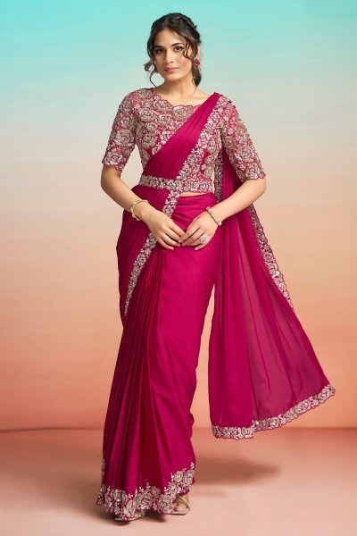 Pre Draped Deep Pink Satin Silk Embroidered Saree With Belt