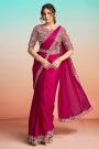 Pre Draped Deep Pink Satin Silk Embroidered Saree With Belt