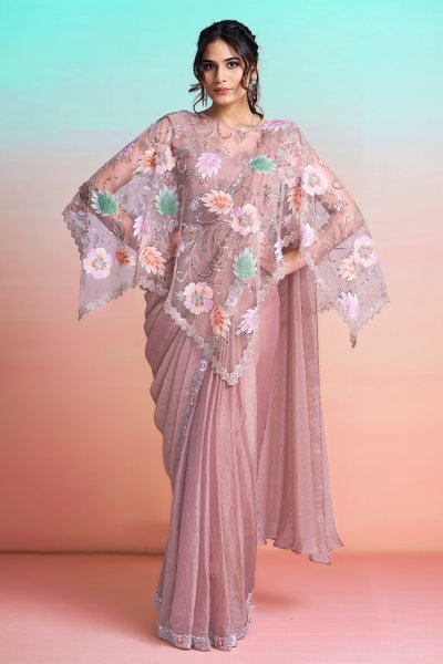 Pre Draped Blush Pink Georgette Satin Embroidered Saree With Cape