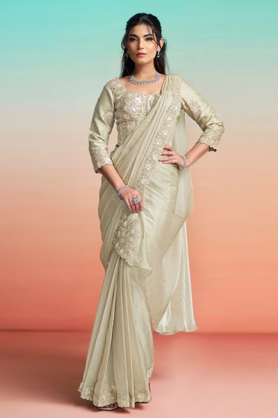 Pre Draped Sage Green Satin Silk Embroidered Saree