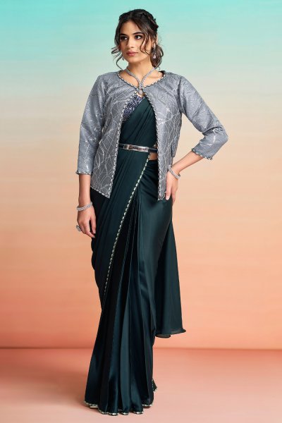 Pre Draped Navy Blue Satin Silk Embroidered Saree With Jacket & Belt