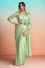 Pre Draped Pastel Green Satin Silk Embroidered Saree With Jacket & Belt