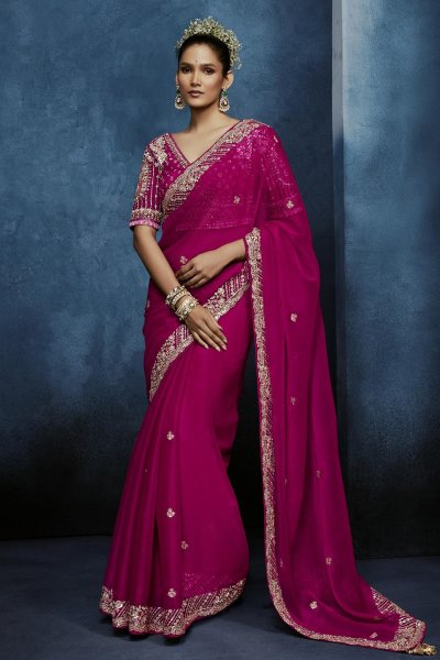 Magenta Pink Tissue Silk Hand Embroidered Saree
