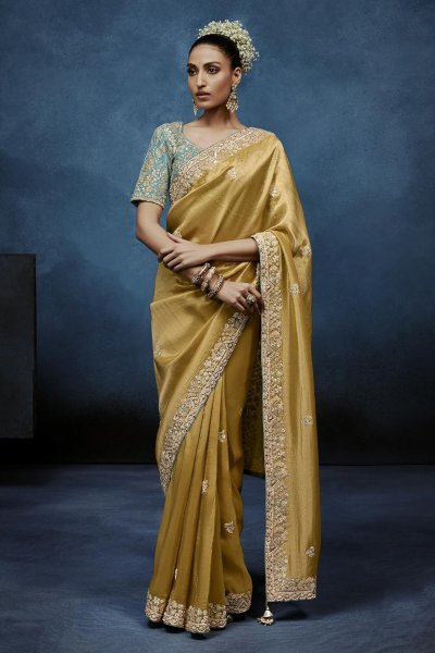 Mustard Gold Tissue Silk Hand Embroidered Saree
