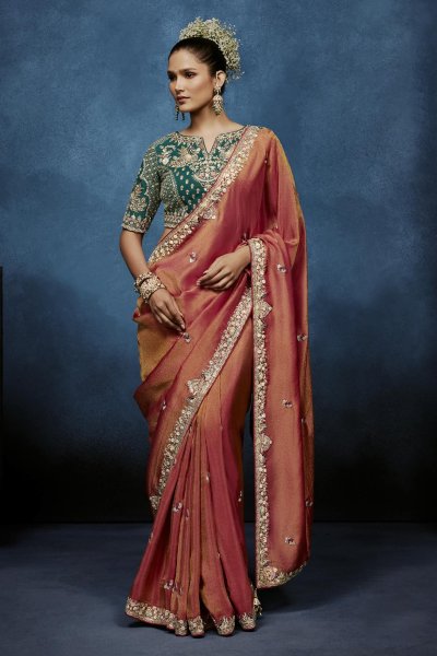 Peach Tissue Silk Hand Embroidered Saree