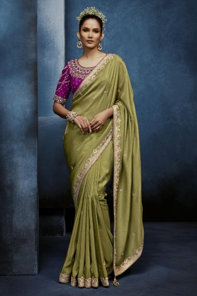Dusty Green Tissue Silk Hand Embroidered Saree
