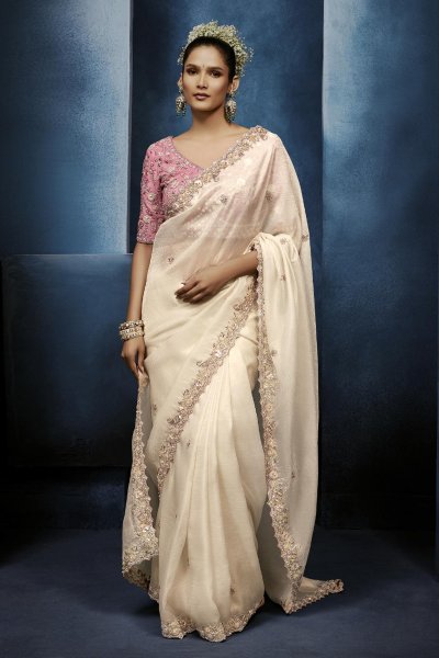 Ivory Tissue Silk Hand Embroidered Saree