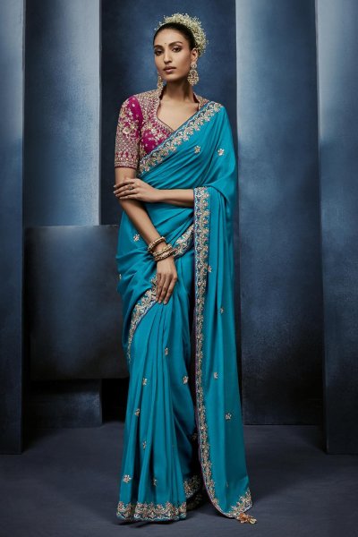 Blue Tissue Silk Hand Embroidered Saree