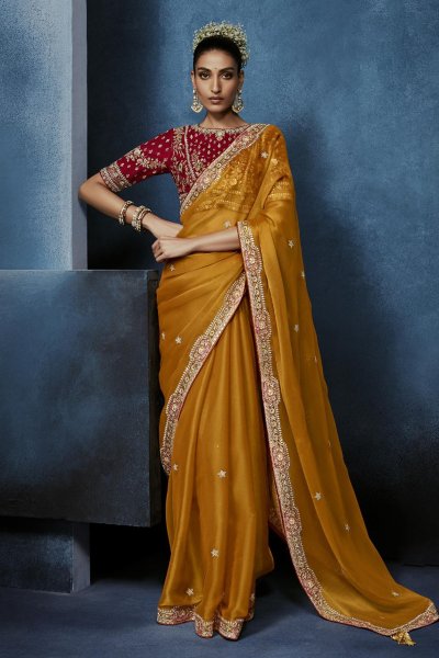 Mustard Tissue Silk Hand Embroidered Saree