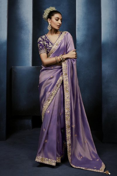 Lilac Tissue Silk Hand Embroidered Saree