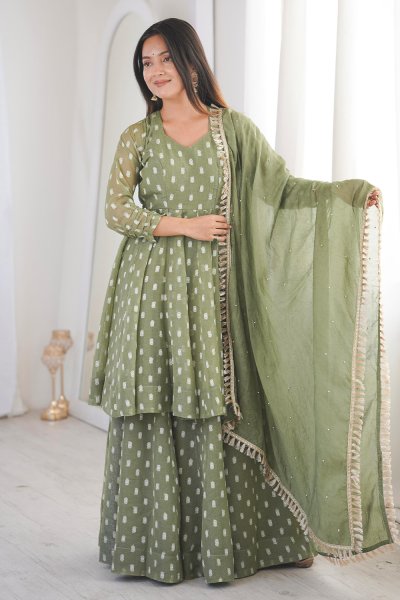 Sage Green Woven Silk Sharara Set