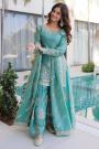Sky Blue Green Silk Embroidered Sharara Kurta Set